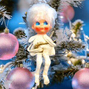 Pixie Angel Ornament Blue Eyes Knee Hugger Off White Felt 1950s Japan Christmas